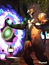 absurd_res anthro big_penis casual_nudity felid genitals hi_res hybrid lion magic male mammal muscular pantherine peanut_(artist) penis portal prehistoric_species saber-toothed_tiger solo studio tail