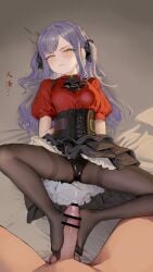 1boy absurdres ascot bang_dream! bang_dream!_it's_mygo!!!!! bar_censor black_ascot black_pantyhose black_skirt blue_hair breasts censored cum cum_on_clothes female footjob full_body hair_ribbon highres long_hair lying medium_breasts on_back pantyhose penis pov red_shirt ribbon shirt skirt solo_focus straight three_(user_derr2252) togawa_sakiko translation_request two-footed_footjob two_side_up yellow_eyes