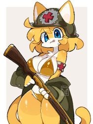 2025 :3 anthro bikini blue_eyes cat_ears cat_tail catgirl digital_media_(artwork) felid feline female female_only fur furry furry_female furry_only golden_bikini golden_gun golden_week gun hat helmet kat_kitt katie_(kat_kitt) orange_fur pixel_art tagme tongue tongue_out