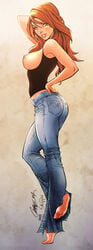 1girls barefoot breasts dangergirlfan edit feet female female_only green_eyes j_scott_campbell jeans jeremiah_skipper large_breasts lips long_hair marvel marvel_comics mary_jane_watson nipples orange_hair pants sideboob soles solo spider-man_(series) teeth toes