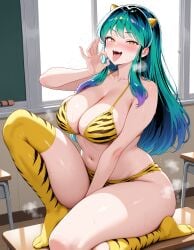 1girls ai_generated aqua_hair big_breasts blowjob_gesture cleavage covered_nipples desk fellatio_gesture female gravityboy huge_breasts lum multicolored_hair naughty_face oni oni_horns open_mouth school schoolgirl tagme thick_thighs thighhighs urusei_yatsura yellow_bikini yellow_eyes
