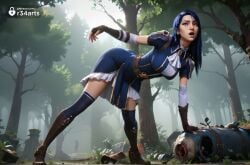 1girls ai_generated arcane arcane_caitlyn artist_name ascot bent_over blue_eyes blue_hair boots breasts brown_footwear brown_gloves caitlyn_(league_of_legends) caitlyn_kiramman character_name dress female fingerless_gloves forest gloves hi_res knee_boots league_of_legends long_hair nature netflix open_mouth outdoors r34arts riot_games short_sleeves solo standing thighhighs tree white_ascot