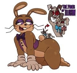2024 5_fingers all_fours anthro ass blue_bow bottomless bow_tie breasts brown_body brown_eyes bubble_butt buckteeth button_(fastener) close-up clothed clothing digital_media_(artwork) directional_arrow duo english_text eyelashes eyeliner eyeshadow feet female femboy fingers five_nights_at_freddy's five_nights_at_freddy's:_help_wanted five_nights_at_freddy's:_security_breach floppy_ears gesture glitchtrap gloves grey_body half-closed_eyes hand_gesture handwear lagomorph larger_male leporid looking_at_another looking_back makeup male mammal mascara mascot mascot_costume multicolored_body nanocorpx narrowed_eyes one_eye_closed open_mouth pantsless patchwork_creature purple_bow purple_bow_tie purple_clothing purple_eyes purple_topwear rabbit rabbit_ears red_eyes scut_tail seam_(sewing) short_tail simple_background sitting sitting_on_another size_difference smaller_female soles stitch_(sewing) tail teeth text tongue tongue_out topwear two_tone_body v_sign vanny_(fnaf) vest whiskers white_background white_body white_clothing white_gloves white_handwear wink