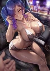 1girls azur_lane big_breasts blue_hair blue_nail_polish blue_nails breasts cleavage dress ear_piercing earrings female female_focus hair hair_ornament huge_breasts lips nail_polish nails necklace neckwear offscreen_character pelvic_curtain ponytail purple_eyes purple_highlights queasy_s revealing_clothes skimpy skimpy_clothes skimpy_dress st._louis_(azur_lane) st._louis_(luxurious_wheels)_(azur_lane) white_dress