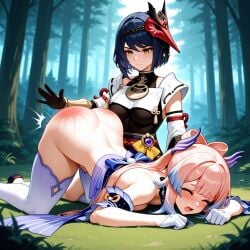 2girls ai_generated artwork_(digital) defeated female female/female genshin_impact humiliation kujou_sara lesbian punishment sangonomiya_kokomi spanking woman yuri