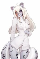 anthro bite biting_lip bottomless breasts clothed clothing digital_media_(artwork) ear_piercing ear_ring felid female freckles_(nukepone) genitals hi_res inner_ear_fluff looking_at_viewer mammal medium_breasts panthera partially_clothed piercing portrait pussy ring_piercing shirt snow_leapord solo standing three-quarter_portrait topwear tuft unbuttoned_shirt unbuttoning yorzis