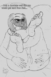 absurd_res anthro anus armband ass beastars breasts deepslumber digit_ring eyebrows feet female foot_fetish foot_focus fur genitals hand_on_butt hi_res humanoid_feet jewelry kyuu_(beastars) lagomorph leporid long_ears mammal nails navel plantigrade pubes pussy rabbit raised_eyebrow ring simple_background solo text unimpressed wedding_ring
