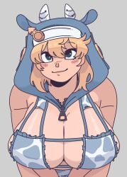 1girls alternate_breast_size alternate_costume androgyne_symbol bikini_top blonde_hair blush bridget color cow_ears cow_print cow_print_bikini doodle female front_view glassesfetish green_eyes grey_background guilty_gear guilty_gear_strive hood large_breasts pinup skindentation smile trans_woman transfem worklunchbox
