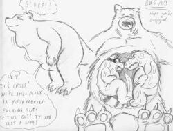 angry anthro anthro_pred bear big_bad_bear bigbadbear claws dragon fatal_vore feet forced frown fur graphite_(artwork) group gulp_(sound_effect) inside_stomach internal male male/male mammal multiple_prey mythological_creature mythological_scalie mythology open_mouth oral_vore procyonid raccoon scalie signature simple_background sitting sleeping smile stomach_bulge swallowing teeth tongue tongue_out traditional_media_(artwork) trio unwilling_prey vore white_background willing_pred