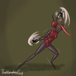 hollow_knight hollow_knight:_silksong hollow_knight_(franchise) team_cherry bug bug_girl breasts pussy 1girl solo solo_female karmelita skarr_(hollow_knight) skarrsinger_karmelita ant ant_girl weapons red_body small_breasts the_nameless_guy antennae