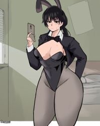 black_hair bunny_girl bunnysuit chainsaw_man fully_clothed leotard medium_breasts mitaka_asa ocerius selfie solo sweat thick_thighs