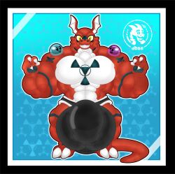 absurd_res anthro balls bandai_namco big_balls big_penis big_tail blue_background bulge clothing detailed_bulge digimon digimon_(species) genitals goo_creature guilmon hi_res huge_balls huge_cock hyper hyper_balls hyper_genitalia hyper_penis jdbo-arts male muscular pecs penis simple_background slime smiley_face solo tail underwear
