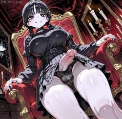 ai ai_art ai_assisted ai_generated balls ballsack black_hair bulge dominant dominant_female domination dress dress_lift dripping dripping_cum erection female flushed flushed_face forced forced_oral futa_only futanari grin grinning_at_viewer intersex panties panty_bulge penis precum t0xxxfox the_addams_family twintails wednesday_addams wednesday_addams_(cosplay) wet wet_body wet_panties wet_thighs