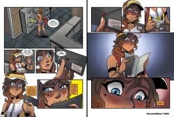 1girls ass bare_arms bare_legs bare_shoulders bare_thighs big_breasts blue_eyes blush breasts brown_hair clothed clothing color comic darkereve english_text female female_focus female_only hi_res jagua_tales jagua_tales_(comic) joana_dolores large_breasts light-skinned_female light_skin long_hair solo solo_female tagme text text_bubble thick_thighs