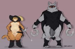2025 absurd_res anthro areola arm_wraps baconbearart ball_size_difference balls belly belly_overhang big_balls big_penis boots canid canine canis cape claws cloak clothing curvy_figure death_(puss_in_boots) domestic_cat dreamworks duo feathers felid feline felis flaccid footwear foreskin front_view fur genitals hat hat_feather headgear headwear hi_res holding_object holding_weapon humanoid_genitalia humanoid_penis leg_wraps long_foreskin looking_at_viewer loose_feather male mammal melee_weapon moobs navel nipples nude overweight overweight_anthro overweight_male penis penis_size_difference purple_background puss_in_boots_(dreamworks) puss_in_boots_(franchise) rapier shadow shoes sickle signature simple_background size_difference small_balls small_penis sparkles standing sword tabby_cat teapot_(body_type) thick_thighs tuft uneven_balls unretracted_foreskin weapon wide_hips wolf wraps
