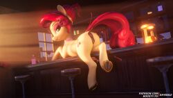 16:9 2025 3d animal_genitalia animal_pussy anus ass bar_counter blender_eevee bottle cherry_jubilee_(mlp) container counter cutie_mark digital_media dock_(anatomy) equid equine equine_anus equine_genitalia equine_pussy female feral friendship_is_magic furniture genitals green_eyes hair hair_bun hasbro hi_res hooves horse horseshoe jar light light_beam looking_at_viewer lying mammal my_little_pony on_front pony pussy saloon shydale signature smile solo stool sunbeam sunlight tail tip_jar underhoof widescreen