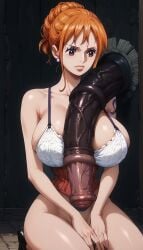 1boy 1girls absurdly_large_cock ai_generated cleavage female flaccid horse_penis horsecock huge_cock imminent_paizuri male male/female nami_(one_piece) one_piece paizuri_under_clothes paralap penis tagme