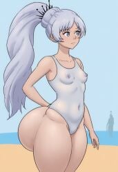 1girls ai_generated beach blue_eyes blue_swimsuit breasts bubble_butt female hyper hyper_ass massive_ass nipples nipples_visible_through_clothing one-piece_swimsuit ponytail rwby shiin_(ai_generated) small_breasts, weiss_schnee white_hair