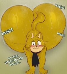 2025 5_fingers all_fours anthro ass big_butt black_scarf blush bodily_fluids cheek_tuft dialogue domestic_cat english_text facial_tuft felid feline felis fingers front_view fur furryonline1 hanna-barbera hi_res male mammal mostly_nude mouth_closed nervous_smile on_ground raised_tail scarf scarf_only solo sound_effects spook_(top_cat) sweat sweaty_butt tail text top_cat_(series) tuft whisker_spots whiskers yellow_body yellow_fur