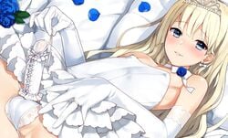 1boy 1femboy balls_in_panties bare_shoulders bed blonde_hair blue_eyes bride bulge crossdressing dress elbow_gloves erection erection_under_clothes femboy femboy_bride girly gloves jewelry long_hair lying male male_bride male_only nemunemu_(candy_paddle) on_back original panties penis penis_under_clothes ring short_dress smile solo spread_legs strapless strapless_dress tiara trap trap_bride underwear wedding_band wedding_dress white_dress white_panties