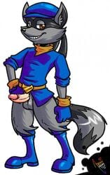 1boy amuzoreh anthro balls bandana belt boots bottomless brown_eyes erection footwear fur furry gloves half-closed_eyes hand_on_hip hat humanoid_penis looking_at_viewer male male_only mammal mask penis raccoon signature simple_background sly_cooper sly_cooper_(series) smile smooth_fur solo standing