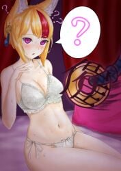 1girls ? bedroom blonde_hair cat_neko_cat1 cleavage confused confusion female fire_emblem fire_emblem_fates fox fox_ears fox_girl hypnosis hypnotic_eyes indoors kitsune medium_breasts multicolored_hair nintendo purple_eyes red_hair selkie_(fire_emblem) speech_bubble underwear underwear_only white_underwear