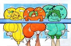 3girls banana_girl banana_peel banana_peel_hair big_ass big_breasts breasts closed_eyes disembodied_hand earrings female floating_hands fruit_humanoid juices juicy juicy_butt lactation melon_girl milking milking_table mr.ctm mr_ctm oc orange_girl plant_girl unusual_lactation yellow_body yellow_tongue
