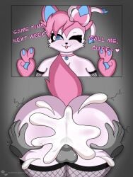 accessory anthro armwear ass balls big_breasts big_butt blue_eyes blue_inner_ear bodily_fluids bow_ribbon breasts butt_grab clothing cum cum_in_pussy cum_inside dialogue disembodied_hand disembodied_penis duo eeveelution female fishnet_armwear fishnet_clothing fishnet_legwear from_behind_position fur generation_6_pokemon genital_fluids genitals gesture hair hair_accessory hair_bow_(anatomy) hair_ribbon hairbow hand_gesture hand_on_butt hi_res jewelry legwear male male/female necklace nintendo one_eye_closed open_mouth penis pink_body pink_fur pink_hair pink_jewelry pink_necklace pink_tail pokemon pokemon_(species) ribbons sex shinychaonsfw sylveon tail talking_to_viewer text thick_thighs through_wall tongue v_sign white_body white_breasts white_butt white_fur