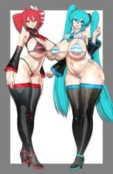 2girls 3d ahoge areola_slip areolae ass big_ass big_breasts bikini blue_eyes blue_hair breasts curvaceous curvy curvy_female curvy_figure detached_sleeves female female_only hair_ornament hairbow hatsune_miku heel_boots heels high_heels hourglass_figure huge_ass huge_breasts idohori_people kasane_teto kasane_teto_(sv) koikatsu large_areolae large_ass large_breasts nail_polish necktie nipple_bulge nipples painted_nails posing red_eyes red_hair side-tie_bikini simple_background skindentation striped_bikini synthesizer_v thick_thighs thigh_boots thighhighs twin_drills twintails utau venus_body vocaloid voluptuous voluptuous_female wide_hips