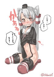 amatsukaze_(kantai_collection) bangs between_legs blush brown_eyes caught choker collar dress dress_lift ebifurya eyebrows eyebrows_visible_through_hair female full_body garter_straps hair_tubes hand_between_legs highres kantai_collection lifebuoy long_hair long_sleeves looking_at_viewer masturbation navel nose_blush open_mouth red_legwear sailor_dress seiza silver_hair simple_background sitting solo speech_bubble stomach sweat tears text thighhighs translation_request twitter_username two_side_up white_background