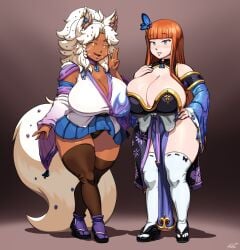 2025 ai_generated animal_humanoid big_breasts breasts canid canid_humanoid canine canine_humanoid cleavage clothed clothing duo female hair hi_res huge_breasts human humanoid looking_at_viewer mammal mammal_humanoid open_mouth open_smile orange_hair revtilian simple_background smile smiling_at_viewer standing white_hair