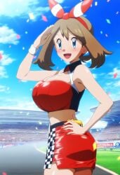 ai_art ai_generated anime_style bandana big_breasts bikini_top brown_hair cleavage female flag gamefreak gloves hand_on_hip huge_breasts human large_breasts may_(pokemon) mayday_(artist) nintendo pokemon pokemon_(anime) race_queen smile