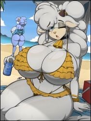 2020s 2025 2d 2d_(artwork) 2girls 5_fingers ;) abs anthro_only ariem ass beach bedroom_eyes big_ass big_breasts big_butt big_thighs bikini black_choker breasts child_bearing_hips choker cleavage clothing cowbell curvy curvy_body curvy_female curvy_figure day daytime ewe eyebrows eyelashes female female_focus female_only furry furry_female furry_only goat_horns green_panties hi_res highres hips hourglass_figure lanolin_the_sheep large_ass large_breasts large_butt long_ears low-angle_view mammal midriff navel nipple_bulge nipple_pasties ocean ocean_background orange_shirt outdoors outside panties patreon pinup poofy_hair sega sheep sheep_girl shirt slim_waist solo solo_female sonic_(series) sonic_dream_team sunlight sunny sunset sweat sweating sweaty thick_thighs thighs tied_hair toned toned_stomach water whale_tail wide_hips yellow_bikini yellow_shirt zak_hitsuji