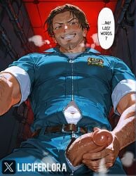 ai_generated blue_jumpsuit blue_overalls breathing_heavily brown_eyes brown_hair fog hairy_arms holding_penis jimmy_(mouthwashing) mouthwashing mouthwashing_(game) musky_cock overalls penis pubes red_light spacecraft steam stubble white_shirt