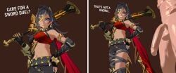 1boy 1boy1girl 1girls 2_panel_comic 2koma 3d 3d_(artwork) big_penis blender clothed_female_nude_male cock_shock comic dehya_(genshin_impact) female genshin_impact jusescrust18 presenting_penis shocked shocked_expression sword text