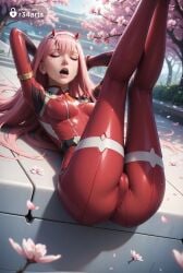 1girls ai_generated arms_behind_head ass bodysuit breasts cameltoe cherry_blossoms closed_eyes darling_in_the_franxx female hairband hi_res horns legs_up long_hair lying medium_breasts on_back open_mouth outdoors patreon_username petals pilot_suit pink_hair r34arts red_bodysuit red_horns skin_tight solo teeth tongue tongue_out tree white_hairband zero_two_(darling_in_the_franxx)