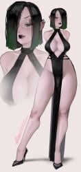1futa big_ass big_breasts black_hair black_lipstick blue_eyes bulge bulge_through_clothing cleavage dress exposed_hips exposed_shoulders freckles futa_only futanari goth goth_futa goth_girl green_highlights high_heels hips impossible_clothes inner_sideboob lilly_(gmareh32) looking_at_viewer oc original_character sinnamonlatte smug thick_thighs wide_hips