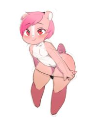 anthro berseepon09 blush clothing dragon female fur hair horn loli_dragon_(character) looking_at_viewer original panties panties_down pink_eyes pink_fur pink_hair pussy short_tail sketch solo underwear