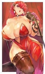 1girls big_breasts black_thighhighs breasts choker cleavage dress ear_piercing earrings female female_only gloves hair hair_ornament handwear hips huge_breasts janghwa_(last_origin) larribee last_origin legwear microphone microphone_stand mole mole_under_eye neckwear purple_eyes red_dress red_hair short_hair skimpy skimpy_dress solo solo_female thick_thighs thighs wide_hips