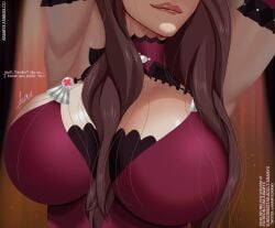 aramyx armpits arms_up big_breasts biting_lip breast_focus breasts brown_hair busty dirty_talk dorothea_arnault dorothea_arnault_(timeskip) eyes_out_of_frame female female_only fire_emblem fire_emblem:_three_houses fully_clothed huge_breasts intelligent_systems large_breasts light-skinned_female lips nintendo post-timeskip seductive seductive_smile smile