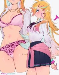 absurdres aqua_eyes blonde_hair blue_skirt blush bra breasts collared_shirt earrings female from_side gyaru highres jewelry large_breasts long_hair long_sleeves looking_to_the_side multiple_views navel open_clothes open_shirt panty_&_stocking_with_garterbelt panty_anarchy parted_lips pink_bra qiandaiyiyu shirt shirt_tucked_in sideways_glance skirt smile stomach thighs underwear white_background white_shirt