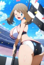ai_art ai_generated anime_style bandana big_breasts bikini_top brown_hair cleavage female flag gamefreak gloves hand_on_hip huge_breasts human large_breasts may_(pokemon) mayday_(artist) nintendo pokemon pokemon_(anime) race_queen smile