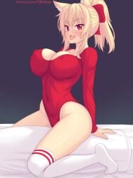 1female 1girl 1girls bed big_breasts blonde_female blonde_hair blonde_hair_female body_pillow cat_ears cat_tail catgirl erect_nipples erect_nipples_under_leotard female female_focus female_only girl grinding horny horny_female leotard looking_at_viewer nipples nipples_visible_through_clothing original patreon patreon_username pillow ponytail red_bow red_eyes red_leotard riding solo solo_female stockings thighs tiffy tiffynyaa tongue tongue_out