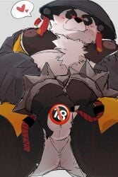 anthro asian_conical_hat ass balls bear belly blush bottomless bottomless_male clothed clothing dumdum emoji_censorship eyewear flaccid fur genitals giant_panda glasses grin hat headgear headwear heart_symbol hi_res male mammal mihoyo multicolored_body multicolored_fur one_eye_closed overweight pan_yin_hu penis perineum small_penis smile solo spread_legs spreading wink zenless_zone_zero