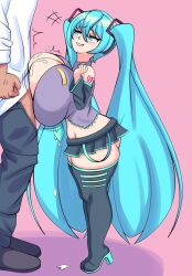 anon anonymous_male artist_request ass blue_eyes blue_hair breasts breasts_bigger_than_head cum cum_drip cum_on_breasts cum_on_floor female hatsune_miku high_heel_boots large_ass large_breasts lipgloss long_hair male microskirt midriff perpendicular_paizuri pigtails red_tattoo short_female shortstack smirk smirking smirking_at_partner thick_ass thick_thighs tiny_skirt titfuck titjob tits tits_out twintails