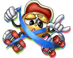 bodily_fluids box_xod censored clothing convenient_censorship cum cum_on_face digital_media_(artwork) genital_fluids genitals gesturing_at_viewer gloves handwear hat headgear headwear kirby_(series) looking_at_viewer low_res male mostly_nude nintendo not_furry oekaki paint_roller_(kirby) penis roller_skates simple_background solo waddling_head white_background white_clothing white_gloves white_handwear yellow_body