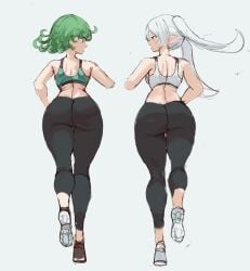 2girls alternate_costume animated ass back bad_id bad_twitter_id bare_shoulders breasts commentary crossover curly_hair earrings elf english_commentary female frieren from_behind green_eyes green_hair grey_background highres jewelry leggings long_hair looking_to_the_side midriff multiple_girls one-punch_man parted_bangs pear_shaped_figure pointy_ears rakeemspoon running shoes short_hair simple_background sneakers sousou_no_frieren sports_bra tagme tatsumaki thick_thighs thighs twintails video white_hair