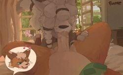2025 3_toes 4_fingers anthro anthro_pov bed bedroom big_hair black_paws bodily_fluids brown_body brown_fur canid canine canis claws curling_toes digital_media_(artwork) duo erection feet fellatio finger_claws fingers first_person_view fox fur furniture genital_focus genitals hair hands_on_legs hands_on_thighs heart_symbol humanoid_genitalia humanoid_penis looking_pleasured lying lying_on_bed male male/male male_pov mammal necktie on_bed oral orange_body orange_fur penile penis penis_in_mouth pov_blowjob puuver puuverart saliva saliva_on_penis sex signature teeth toe_claws toes white_body white_fur wolf