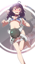 ahoge awachi bikini bikini_pull bikini_top blush breast_grab breasts enemy_naval_mine_(kantai_collection) female grabbing hair_flaps highres kantai_collection leg_lift long_hair looking_down low_twintails medium_breasts navel open_mouth partially_visible_vulva purple_hair red_eyes sailor_bikini sailor_collar sexually_suggestive shinkaisei-kan standing standing_on_one_leg suggestive_fluid swimsuit taigei_(kantai_collection) tentacle tied_hair twintails untied untied_bikini white_bikini zoom_layer