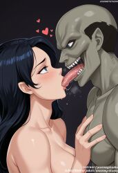 1boy ai_generated bangs black_hair blue_eyes blush breasts cleavage clothing colored_skin completely_nude dc dc_comics english_language english_text eye_contact female female french_kiss heart heart-shaped_pupils interspecies jousneystudio justice_league justice_society_of_america kissing large_breasts licking long_hair long_tongue looking_at_another male nipples nude open_mouth saliva saliva_trail sharp_teeth straight sweat symbol-shaped_pupils teeth text tongue tongue_out upper_body zatanna zatanna_zatara
